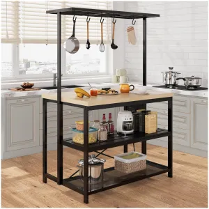 Kitchen Island，Bakers Rack，Coffee Bar Table, Large with Charge, Pear Wood Tabletop and Black Metal Frame