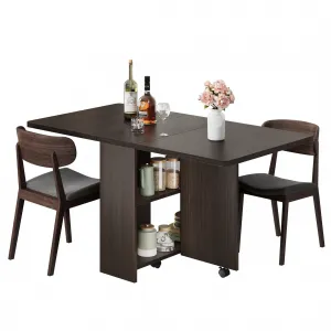 51.1" Folding Dining Table, Drop Leaf Dining Table for 4, Foldable Kitchen Table with 2 Storage Shelf, 6 Wheels, Movable Space Saving Dining Tables for Small Spaces, Dark Walnut, Large