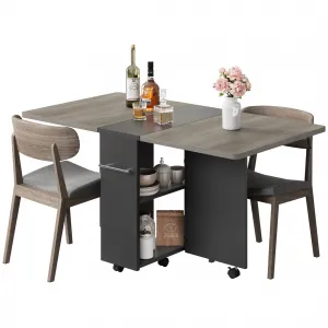 47.2" Drop Leaf Dining Table in Movable Design with 2 Storage Shelf and 6 Wheels, Grey