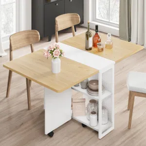 47.2" Drop Leaf Dining Table in Movable Design with 2 Storage Shelf and 6 Wheels, White