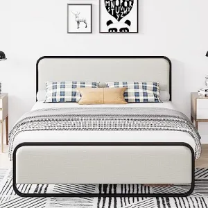 Full Size Metal Bed Frame with Curved Upholstered Headboard, 10'' Underbed Space, No Box Spring Needed, Easy Assembly, Beige