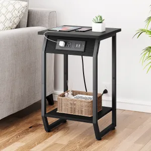 Side Table with Charging Station, 4 Ports, Sturdy MDF & Metal, Adjustable Feet, for Living Room & Bedroom