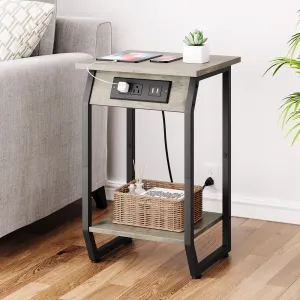 Side Table with Charging Station + USB Ports & Outlets + Sturdy MDF & Metal Frame + Adjustable Feet + Living Room & Bedroom
