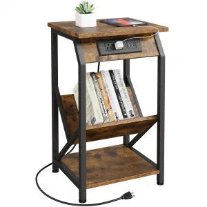 Vintage Wooden End Table with Charging Station, USB Ports, Outlets, Sturdy MDF, Metal Frame, Adjustable Feet, Living Room, Bedroom