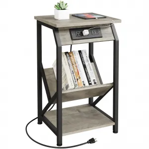 Grey End Table with Charging Station + USB Ports & Outlets + Sturdy MDF & Metal + Adjustable Feet + Living Room & Bedroom