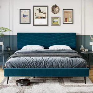 Queen Size Bed Frame with Adjustable Headboard, Velvet Upholstered Platform Bed with Solid Wood Slats Support, No Box Spring Needed, Noise-Free, Green