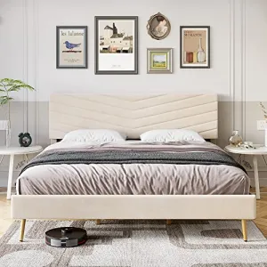 Full Size Bed Frame with Adjustable Headboard, Velvet Upholstered Platform Bed with Solid Wood Slats Support, No Box Spring Needed, Noise-Free, Beige