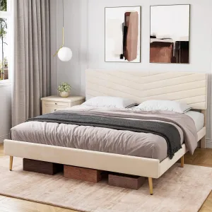 Queen Size Bed Frame, Velvet Upholstered Platform Bed Frame, Wood Slat Support Bed Frame with Adjustable Height Headboard, No Box Spring Needed, Easy to Assemble, Noise Free, Beige