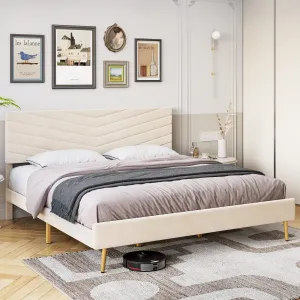King Bed Frame with Adjustable Headboard, Velvet Upholstered Platform Bed with Solid Wood Slats Support, No Box Spring Needed, Noise-Free, Beige