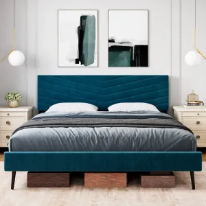 Upholstered Bed Frame King Size, Velvet Bed Frame King with Adjustable Headboard, Platform Bed Frame and Headboard, Noise-Free, No Box Spring Needed, Blue