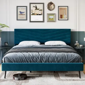 Full Size Bed Frame, Velvet Upholstered Platform Bed Frame, Wood Slat Support Bed Frame with Adjustable Height Headboard, No Box Spring Needed, Easy to Assemble, Noise Free, Blue