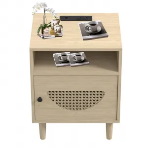 Rattan Nightstand, Side Table with Charging Station, with USB Ports, Power outlets, 2-Tier Rattan Nightstand with Locker for Living Room Bedroom, Natural