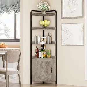 Grey Corner Cabinet with Storage, 5 Tiers 70.9 Inches Corner Canbiet with Door, Farmhouse Freestanding Corner Bookshelf with Protective Fence, Tall Corner Display Shelf for Kitchen, Living Room