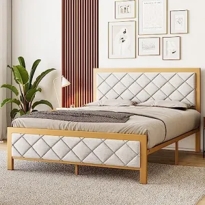 Queen Size Bed Frame, Metal Bed Frame with Upholstered Velvet Headboard, Platform Bed Frame with Steel Slats, No Box Spring Needed, Easy Assembly,Non-Slip and Noise-Free, Strong Weight Capacity