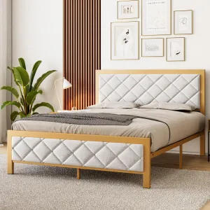 Full Size Bed Frame, Metal Bed Frame with Upholstered Velvet Headboard, Platform Bed Frame with Steel Slats, No Box Spring Needed, Easy Assembly, Gold and Beige