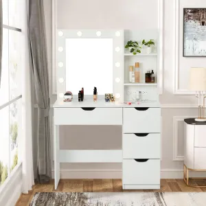Makeup Vanity Desk with Lights, Vanity Desk with Mirror & Lights, Vanity Table with Charging Station, 4 Drawers, 3 Lighting Colors, Brightness Adjustable, 3-Tier Open Storage Shelves, White