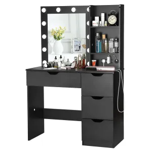 Modern Vanity Makeup Desk with Vanity Mirror, Built-in Lights, 4 Drawers, Crystal Ball Knobs, Power Outlet, White Makeup Desk for Bedroom