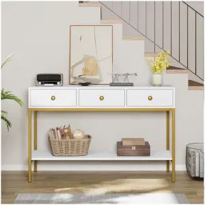 Console Table with 3 Drawers, Long 54.4" Entryway Table with Metal Frame, Narrow Sofa Table for Hallway, Living Room, Foyer, Office, Corridor, White
