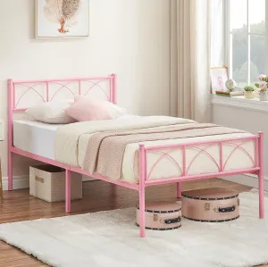 Modern Stylish Iron Bed Frame with Headboard & Footboard, Firm Support, Metal Platform, No Box Spring Needed, Under Bed Storage, Easy Assembly, Pink Twin