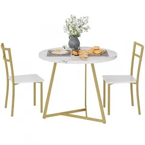 Round Dining Table Set for 2, Modern Kitchen Table Chairs, Wood-Grained MDF, Metal Frame, Space-Saving, Ideal for Small Apartments(White)