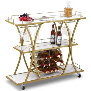Large Bar Cart, 3-Tier Bar Serving Cart with Glass Holder and Wine Rack, 43.7 in Gold Mobile Wine Cart for Home, Metal Frame Liquor Trolley Beverage Cart, Kitchen Drink Cart
