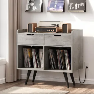 Record Player Table Stand with Storage Drawers, Vinyl Record Table Cabinet with Power Outlet, Large Wooden Turntable Stand for Album Storage in Living Room, Bedroom, Office