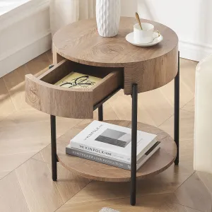 2-Tier Round End Table, Nature Wood Color Side Table with Growth Rings Wood Design, Industrial Sofa Table with Drawer and Storage Space, Elegant Nightstand for Living Room, Bedroom