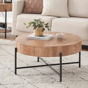 Farmhouse Round Coffee Table with Two Drawers, Living Room Wood Center Table with Metal Legs, Vintage Style, Easy Assembly, Brown