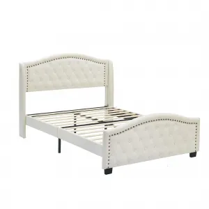 Queen Size Upholstered Platform Bed Frame with Tall Headboard, Luxurious Velvet Button Tufted and Nailhead Trim Wingback, Arched Footboard, No Box Spring Needed, Beige