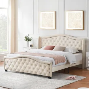 King Size Upholstered Platform Bed Frame with Tall Headboard 47.2", King Bed with Velvet Button Tufted & Nailhead Trim Wingback Headboard, Luxurious Arched Footboard, Beige