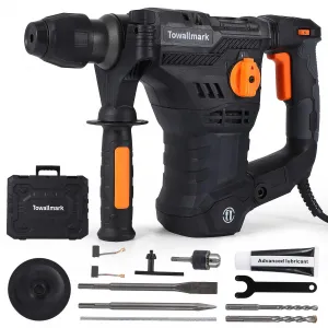 12.3 Amp Rotary Hammer Drill, 1-1/4 Inch SDS-Plus 4 in 1 Multi-functional Heavy Duty hammer drill, Safety Clutch, Drill Chuck, for Concrete, Tile, Wall, Stones, Cement and Metal