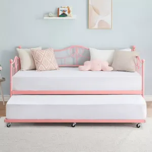 Twin Daybed with Trundle, Metal Day Beds Twin Size, Sofa Bed for Living Room and Guest Room, Pink