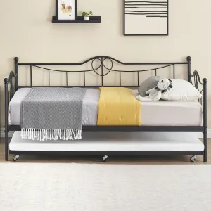 Twin Day Bed with Trundle, Metal Frame, Steel Slat Support, No Box Spring Needed, Black, for Kids, Teens, Adults,Black