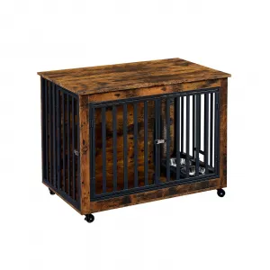Dog Crate Furniture Decorative Wooden Dog Kennel End Table With Chew-Proof Metal Barrier And Dog Bowls For Small Medium Large Dogs Brown