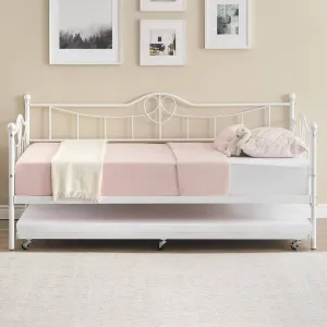 Twin Daybed with Trundle Bed,Metal Twin Day Bed Twin Size With Steel Slat Support, Sofa Bed for Living Room and Guest Room - White