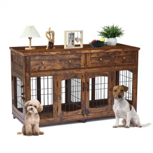Dog Crate Furniture with 5 Doors, 58" Wooden Dog Kennel Cage End Table with Large Capacity Drawers, Dog House with Openable Divider for Dogs(Brown)