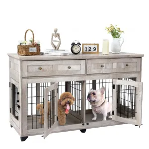 Dog Crate Furniture with Drawer, 5 Doors Wooden Dog Kennel End Table with Large Capacity Drawers,Dog House with Openable Divider for Small/Medium/Large Dog,Dog Cage,Side End Table Grey