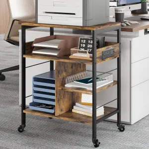 Printer Stand, Large Printer Table with Power Outlets and USB Ports, Mobile Printer Stand, 4 Tier Rolling Printer Cart with Wheels for Desktop CPU, Home Office Living Room, Rustic Brown