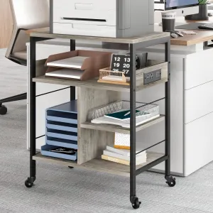 Printer Stand, Large Printer Table with Power Outlets and USB Ports, Mobile Printer Stand, 4 Tier Rolling Printer Cart with Wheels for Desktop CPU, Home Office Living Room, Rustic Gray