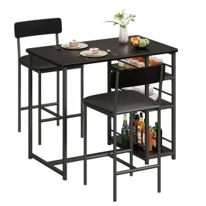 Dining Table Set for 2, Bar Stools, Upholstered Chairs, MDF Board & Steel, 3 Storage Shelves, Small Space Solution, Black