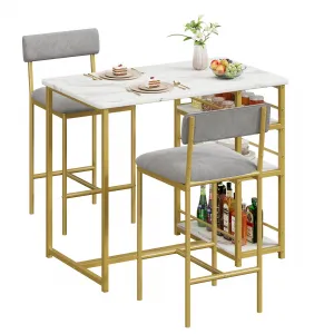 Dining Table Set for 2, Kitchen Table Set, Dining Room Table Set with 2 Velvet Upholstered Bar Chairs, 3 Piece Counter Height Table Set for Small Space, Apartment, White