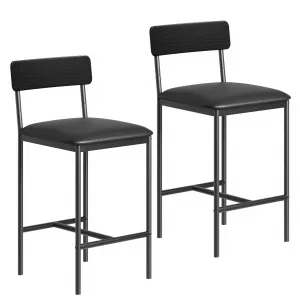 Bar Stools Set of 2 with Footrest, PU Upholstered Chairs, Metal Frame, Easy Assembly, for Kitchen Island Dining Room, Black