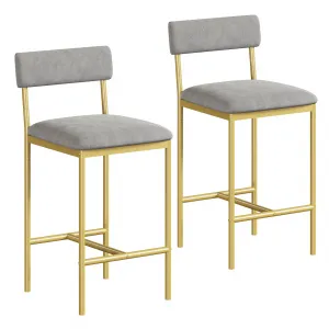 Bar Stools Set of 2, 25.5 Inches Upholstered Chairs, Premium MDF & Steel, Velvet Cushions, Easy Assembly, Grey/Gold