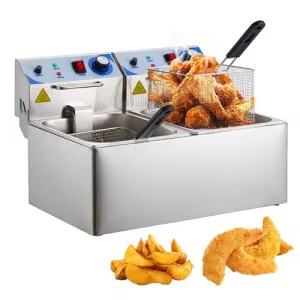 Commercial 10L+10L - 1500 Watts Dual Tank Electric Deep Fryer Stainless Steel Countertop Oil Fryer with Basket for Restaurant/Home Use (110V)