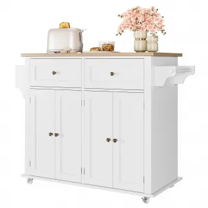 Kitchen Island Car with Storage, Wood Top Rolling Mobile Carts on Wheels with Drawer and Storage Cabinet, White