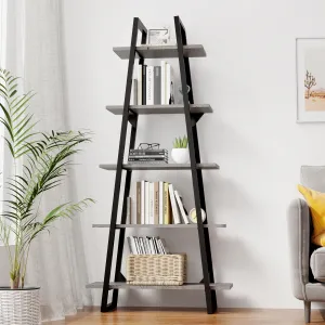 Bookshelf 5 Tier Industrial Wood, Tall Open Rustic Etagere Bookcase Ladder, Standing Display Shelves for Home Living Room Bedroom Office Storage, Light Grey Oak