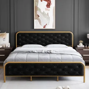 Elegant Button Tufted Velvet Upholstered Bed Frame, Noise Free, Gold-Beige - Black
