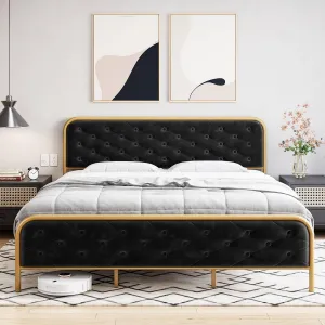 Queen Size Bed Frame with Elegant Button Tufted Curved Headboard, Velvet Upholstered Platform Bed Frame, Golden Heavy Duty Mattress Foundation, Noise Free, No Box Spring Needed, Gold-Black