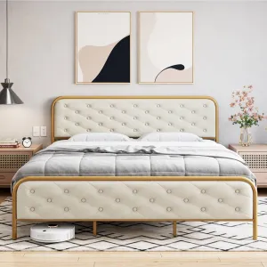 Full Size Bed Frame with Elegant Button Tufted Curved Headboard, Velvet Upholstered Platform Bed Frame, Golden Heavy Duty Mattress Foundation, Noise Free, No Box Spring Needed, Gold-Beige