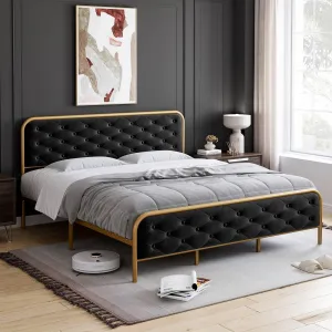 2024 New King Size Bed Frame, Luxurious Bed Frames with Elegant Button Tufted Curved Headboard – Velvet Upholstered Platform Bed Frame, No Box Spring Required, Gold-Black